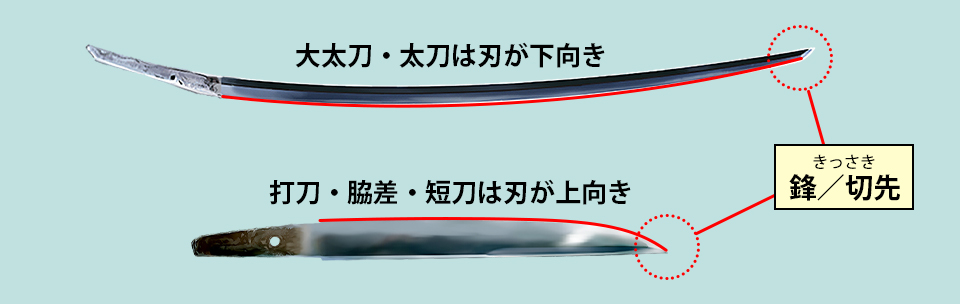 刃が下向きの太刀（上）と刃が上向きの打刀（下）
